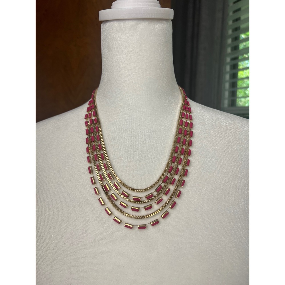 Natasha Gold Tone Multi Strand Statement Necklace Pink Lucite Layered Chain